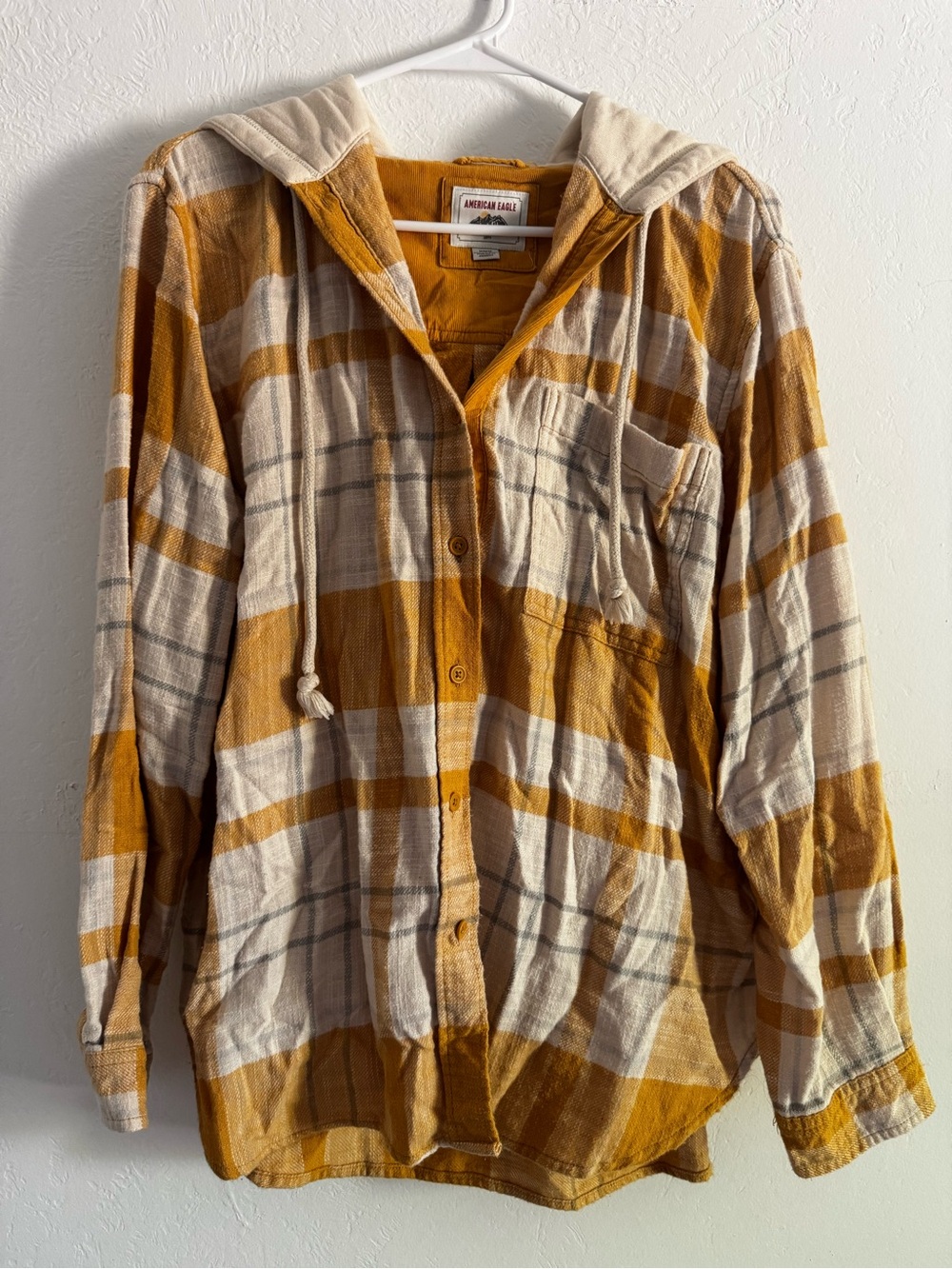 American Eagle Outfitters yellow and Cream Plaid Button-Down Hooded Shirt